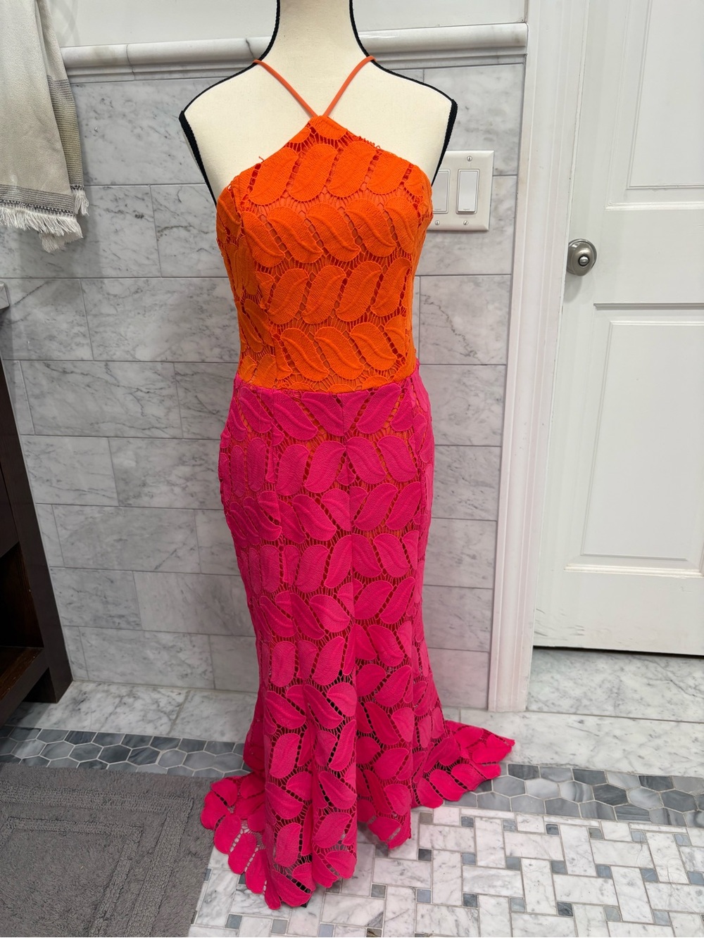 VICI Two-Tone Orange & Hot Pink Lace Halter Dress